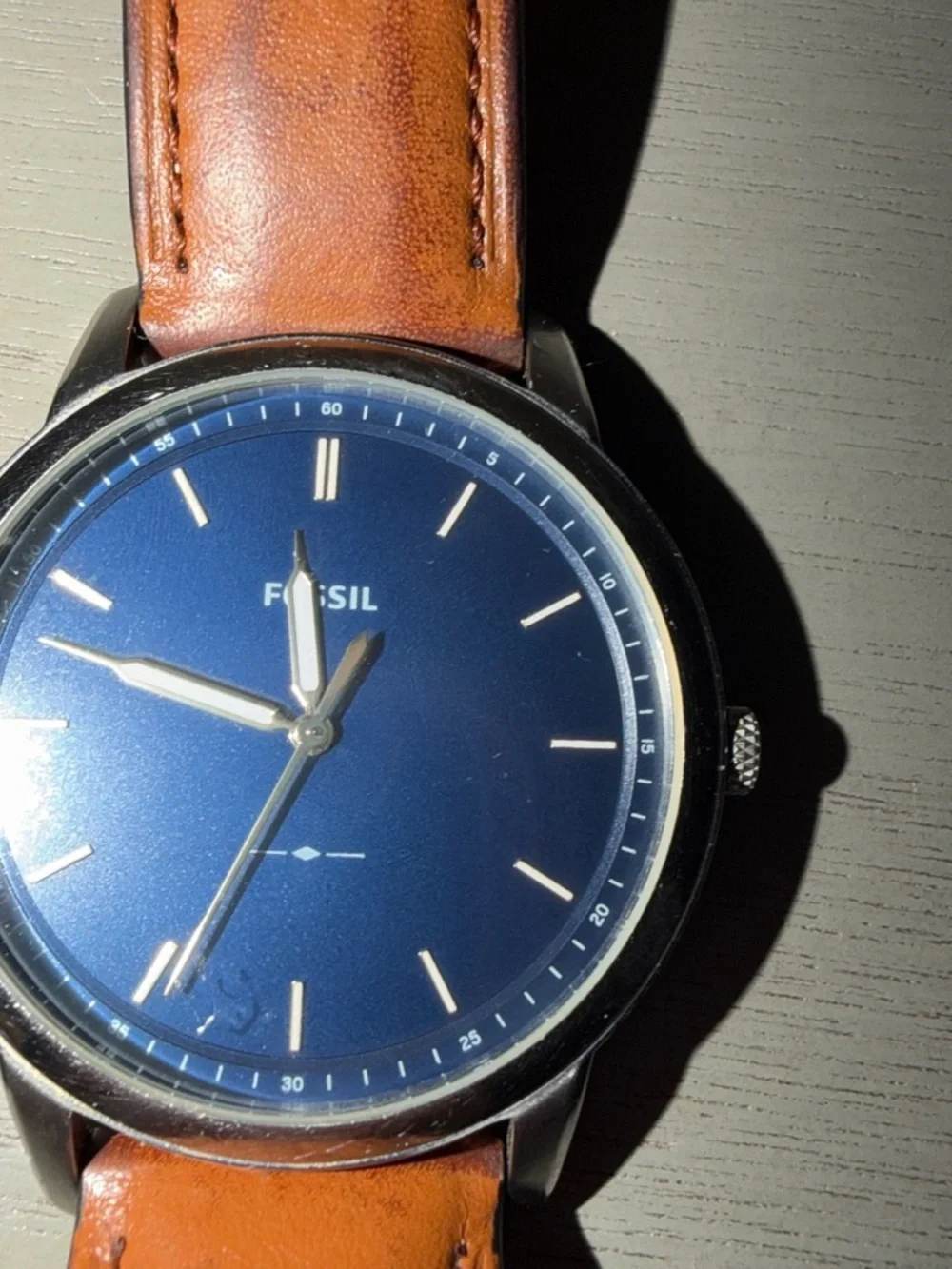 Fossil Men’s Blue Dial Watch with Brown Leather Strap